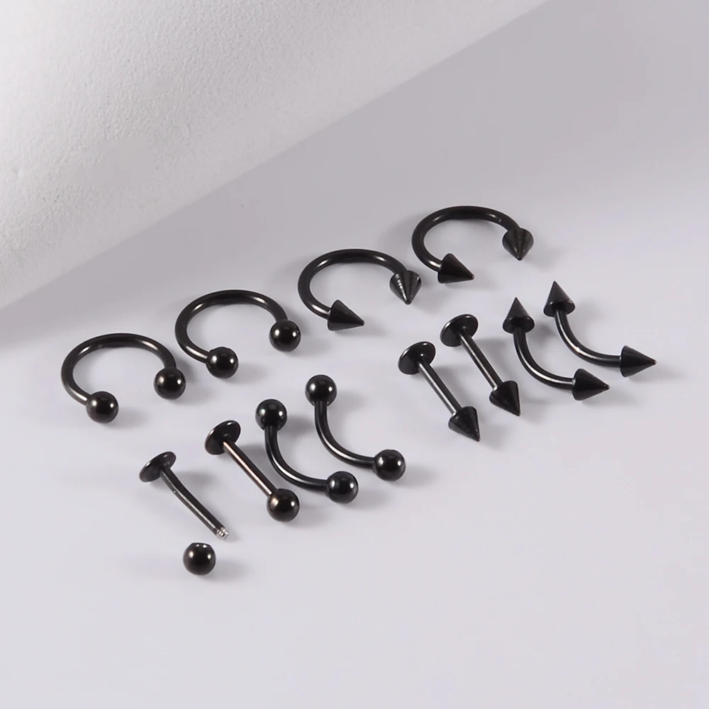 12pcs/Set Surgical Steel Silver Color Gold Plated Black Rainbow Ear Nose Eyebrow Labret Basic Piercing Jewelry Set 8mm