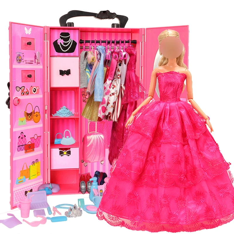 

30CM Doll house Furniture Wardrobe 77Pcs/lot items=1 Wardrobe + 76 Accessories Doll Dress Necklace Shoes for Doll Accessories