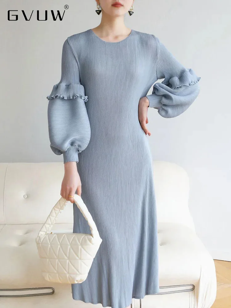 GVUW Pleated Fungus Dress Women Full Puff Sleeve Medium Long Solid Color Round Collar Autumn Chic Style New Loose 17G3400