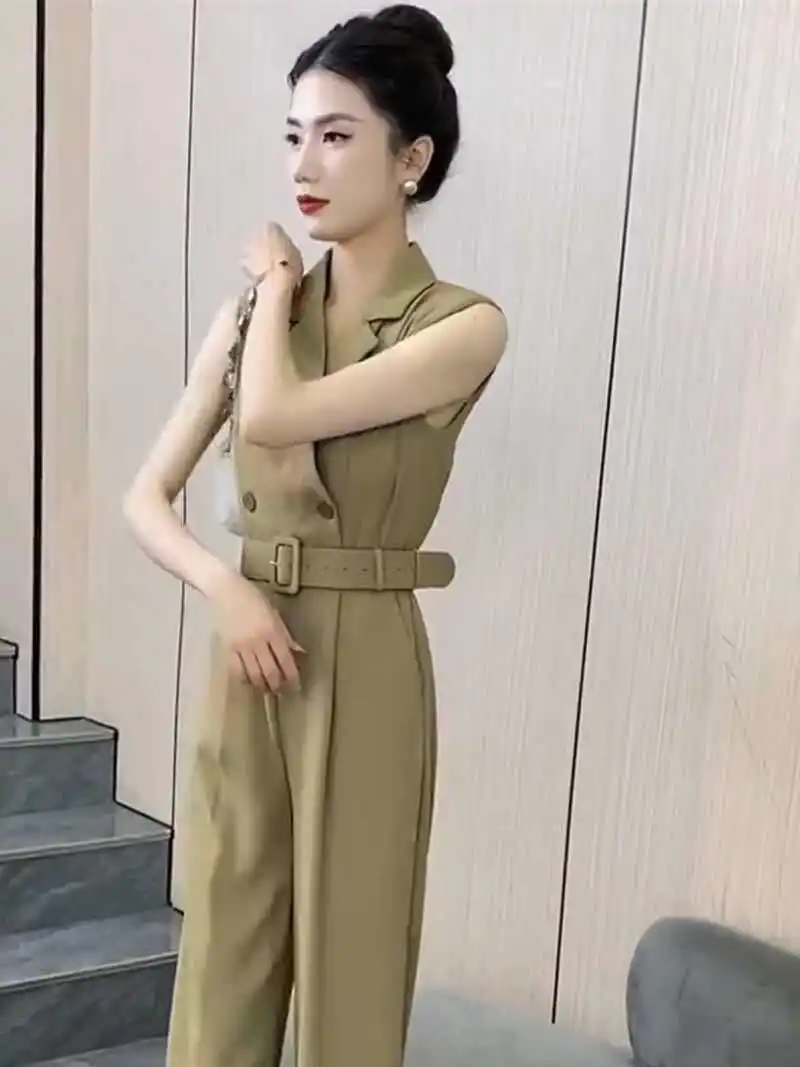 

New Summer Fashion Office Lady Jumpsuit Women Lapel Sleeveless Slim Elegant Straight trousers Solid Color Rompers