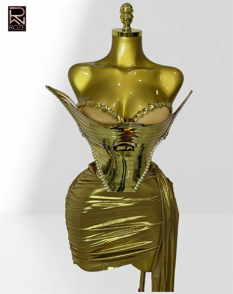 

3D Mirror Rhinestone Low-Cut Top + Mini Skirt Set, Cross-Border Fashion Edgy Party Stage Performance Gown