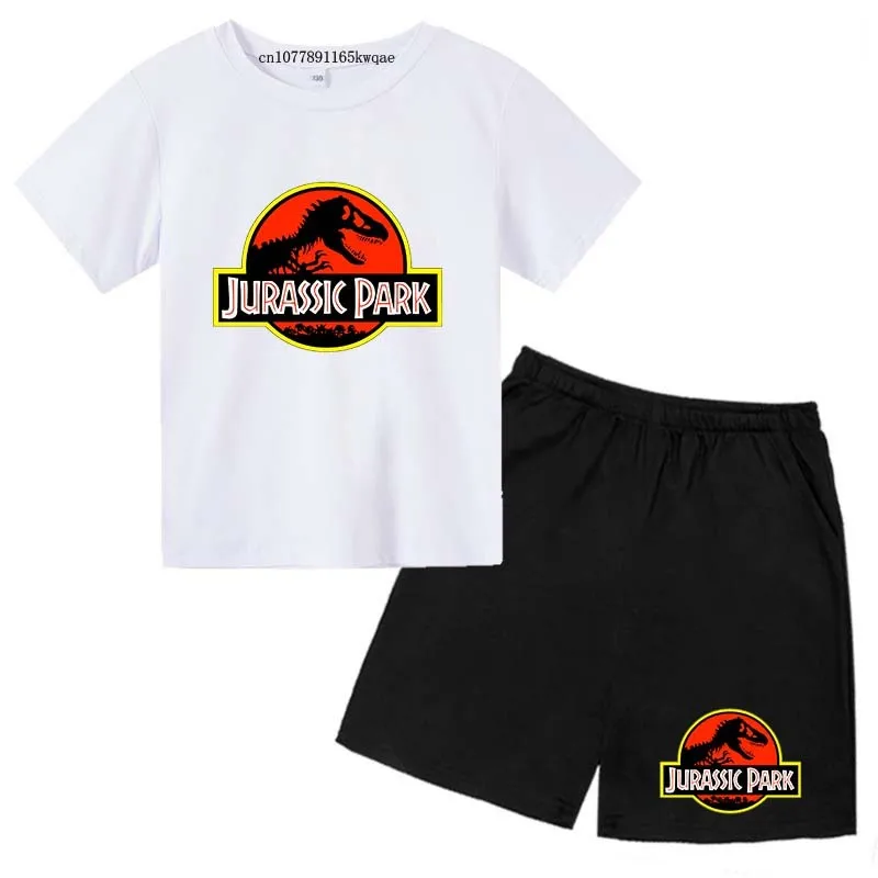 Jurassic Park Kids Summer Casual Cartton Dinosaur Print Breathable Tees+Shorts 2pcs Suits 2-13 Years Boys Girls Clothes Suits