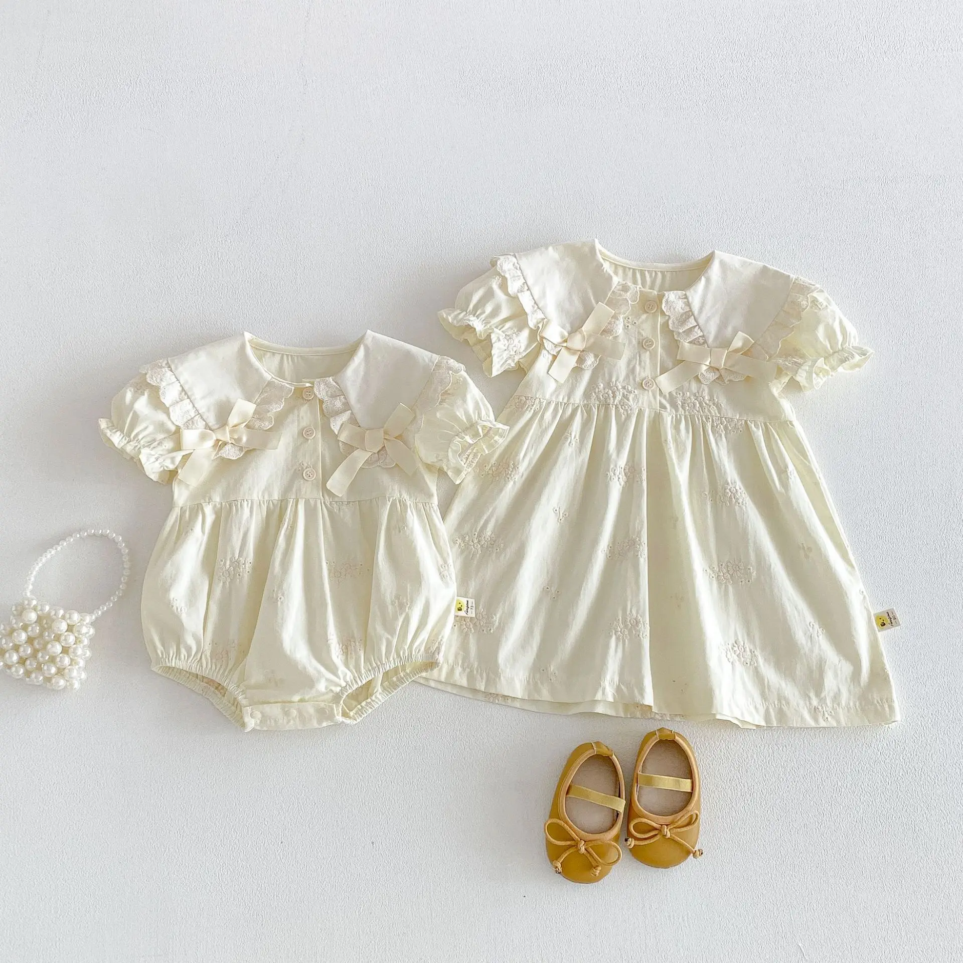 Summer girls dress baby short sleeve wrap fart girl baby foreign style bow princess children's sisters dress