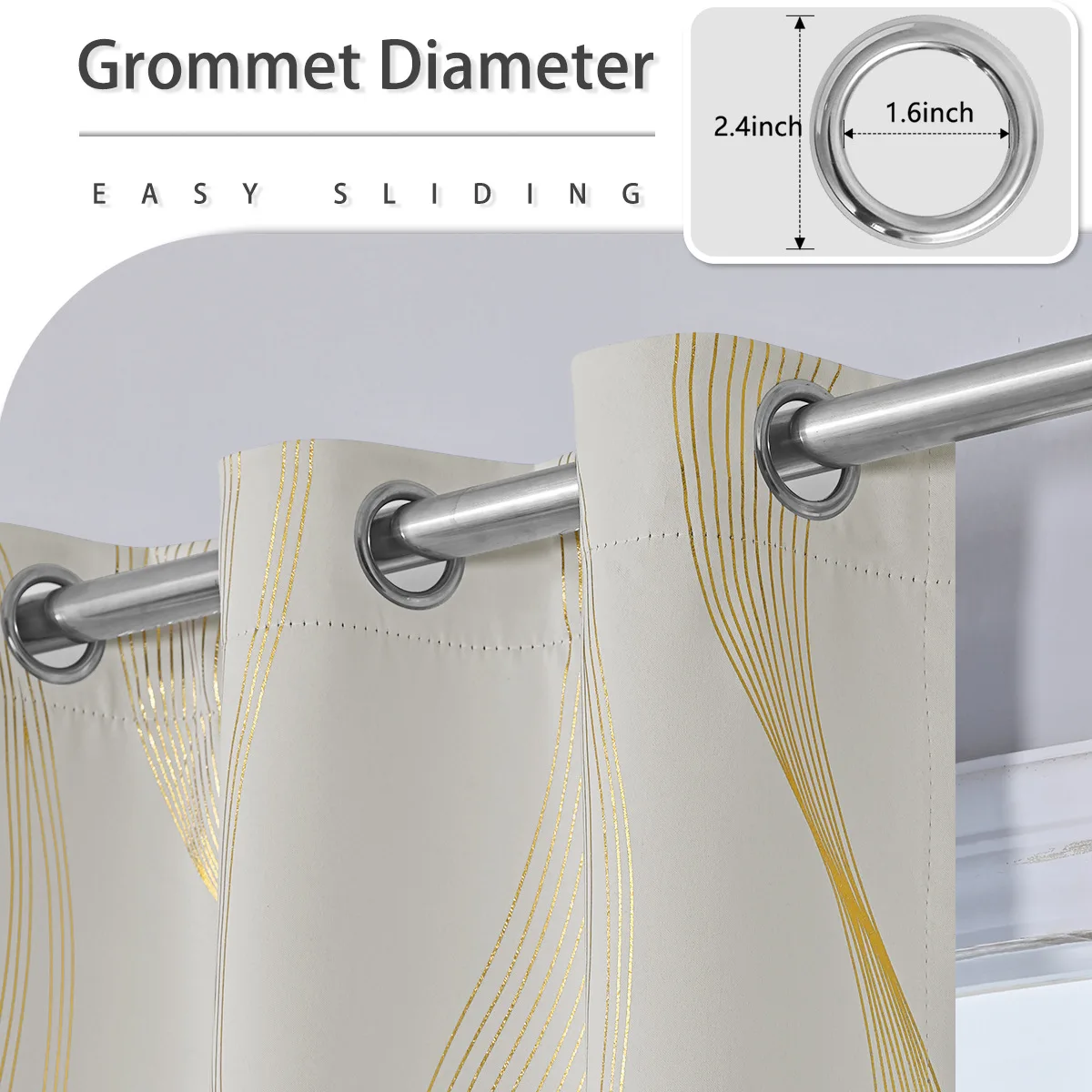 2 Pcs/set Gold Foil Wave Printed Blackout Curtains, High-Density Grommet Top Room Darkening Drapes for Bedroom & Living Room