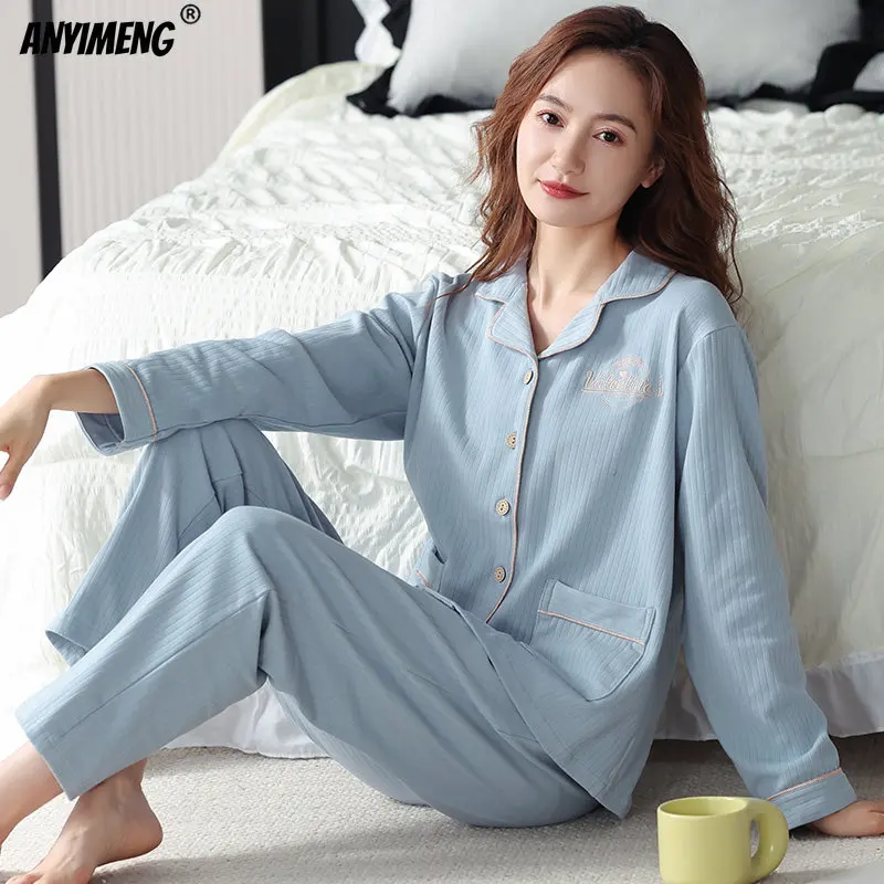 M-4XL Big Size Pajamas Set for Women Casual Sleepwear Turn-down Collar Mujer Pijamas Autumn Spring New Cotton Pajama for Woman