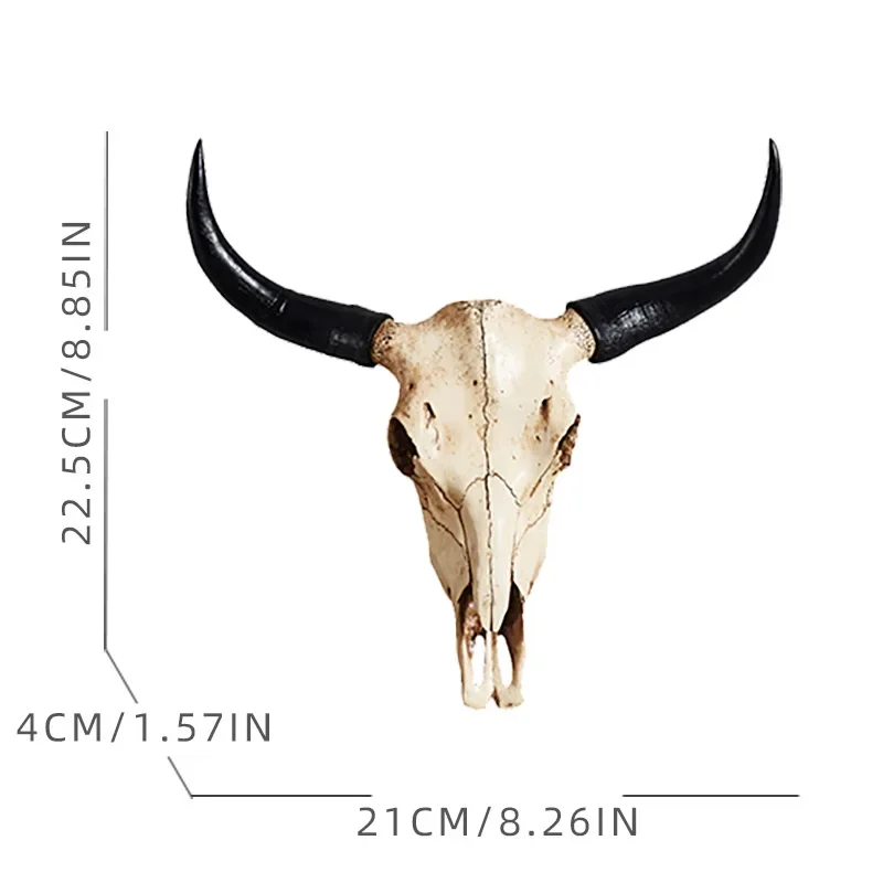 Creative 3D Longhorn Cow Skull Head Ornament Wall Hanging Resin Animal Statue Crafts Home Office Decor Retro Bull Skull Figurine