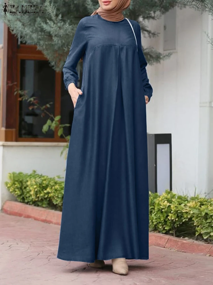 

2025 Autumn Vintage Long Sleeve Solid Dress ZANZEA Women Maxi Long Dress Pleated Sundress Muslim Abaya Robe Femme Loose Vestidos