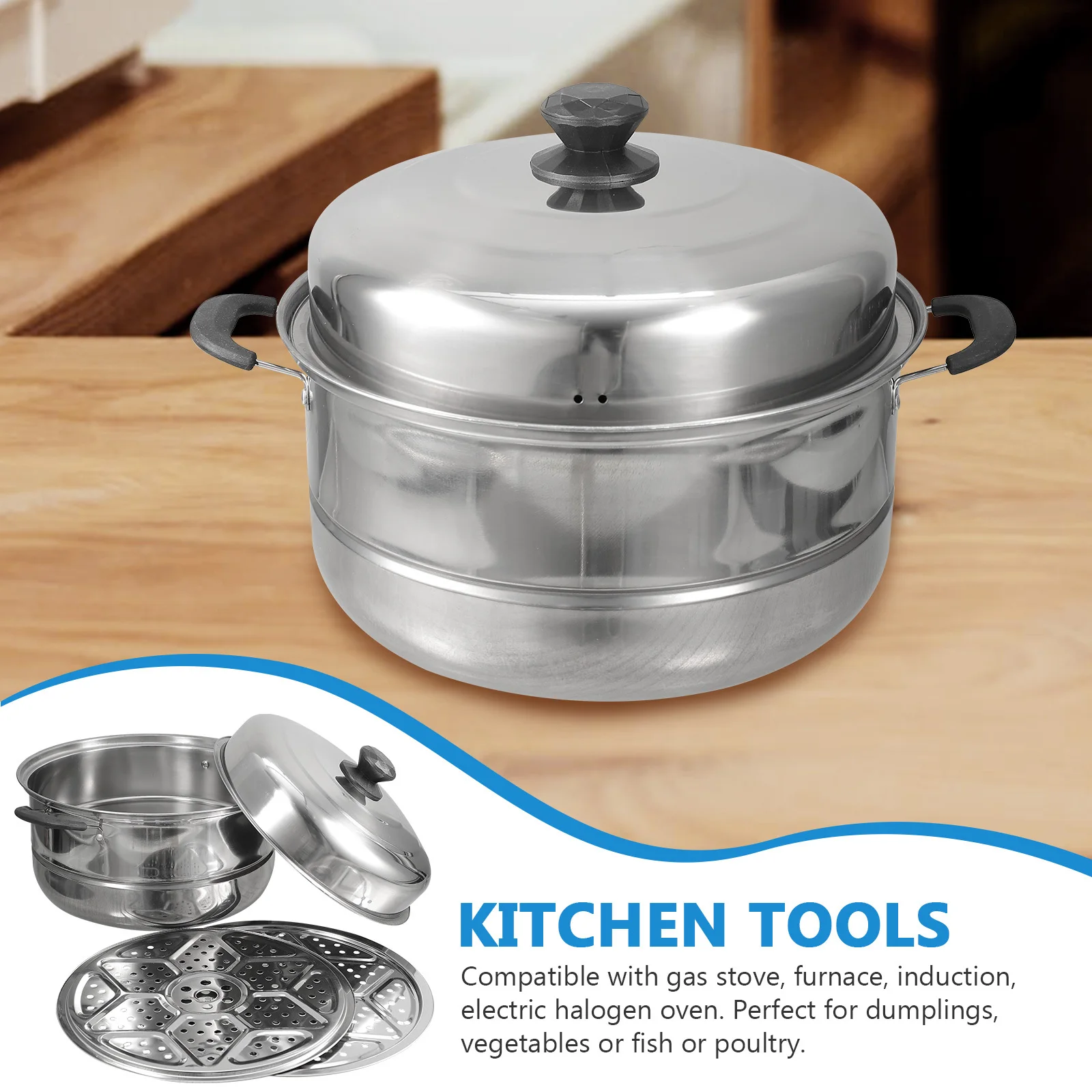 

1Pcs Stainless Steel Steamer Pot Double-Layered Food Steamer Stockpot for Soup Stewing Vegetables Dumplings Cooking
