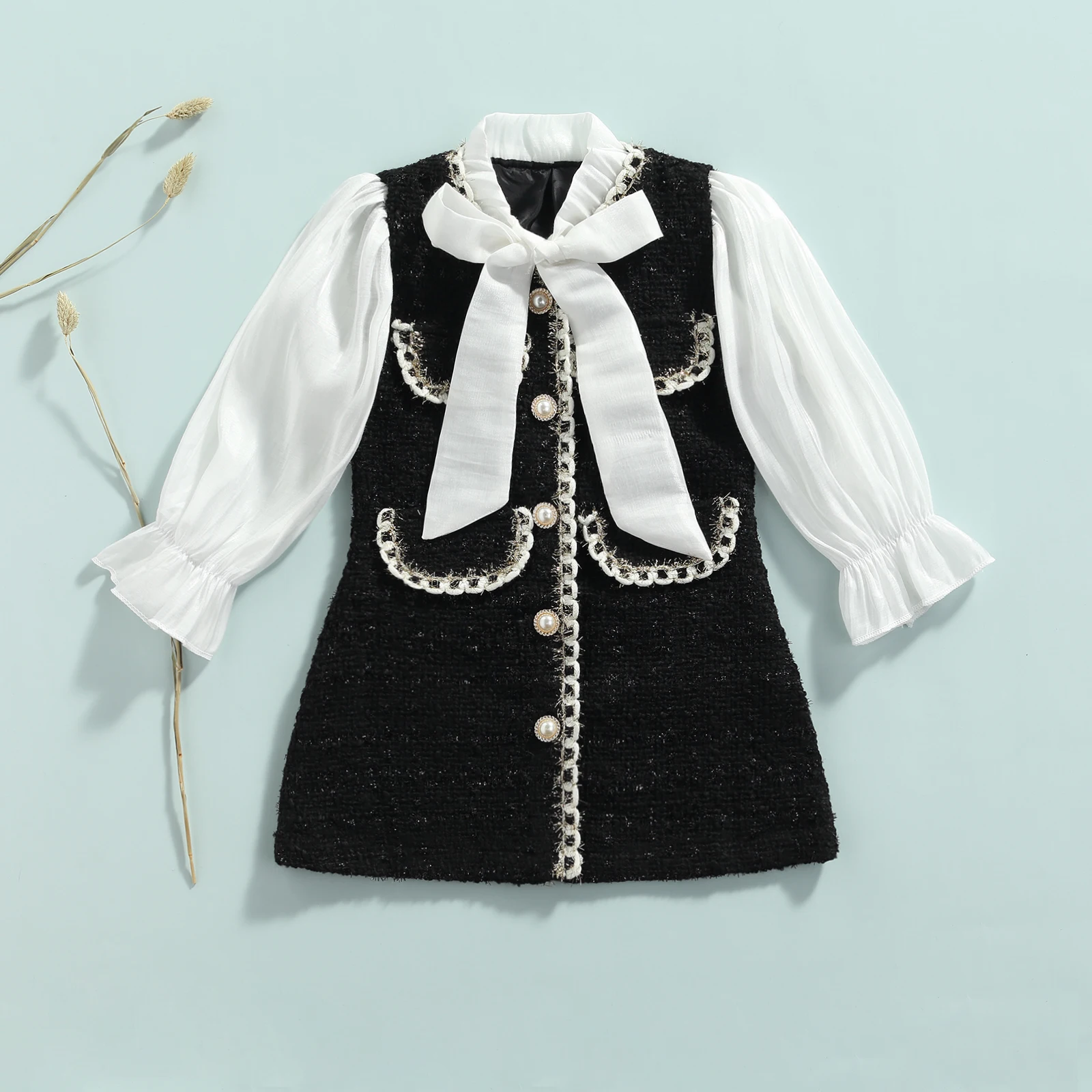 Toddler Baby Christma Outfit for Girl Princess Dress Single-breasted Color Block Fall Winter Clothes with Bow