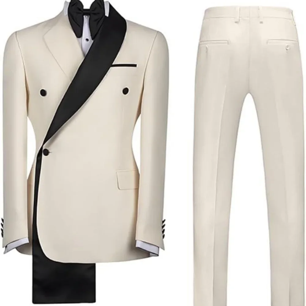 2 ピース最新スプライシングカラーメンズスーツセット結婚式新郎タキシード白黒ブレザー + パンツカスタムメイドウエディングドレスコート
