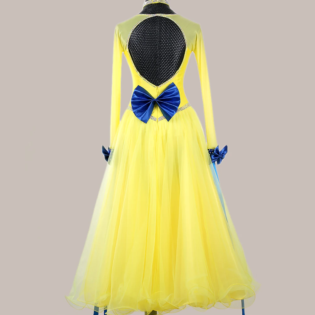 볼룸 댄스 경연 대회 드레스 노란색 새 라운드 넥 볼 드레스 리본 진한 파란색 왈츠 블랙 의상 고품질
