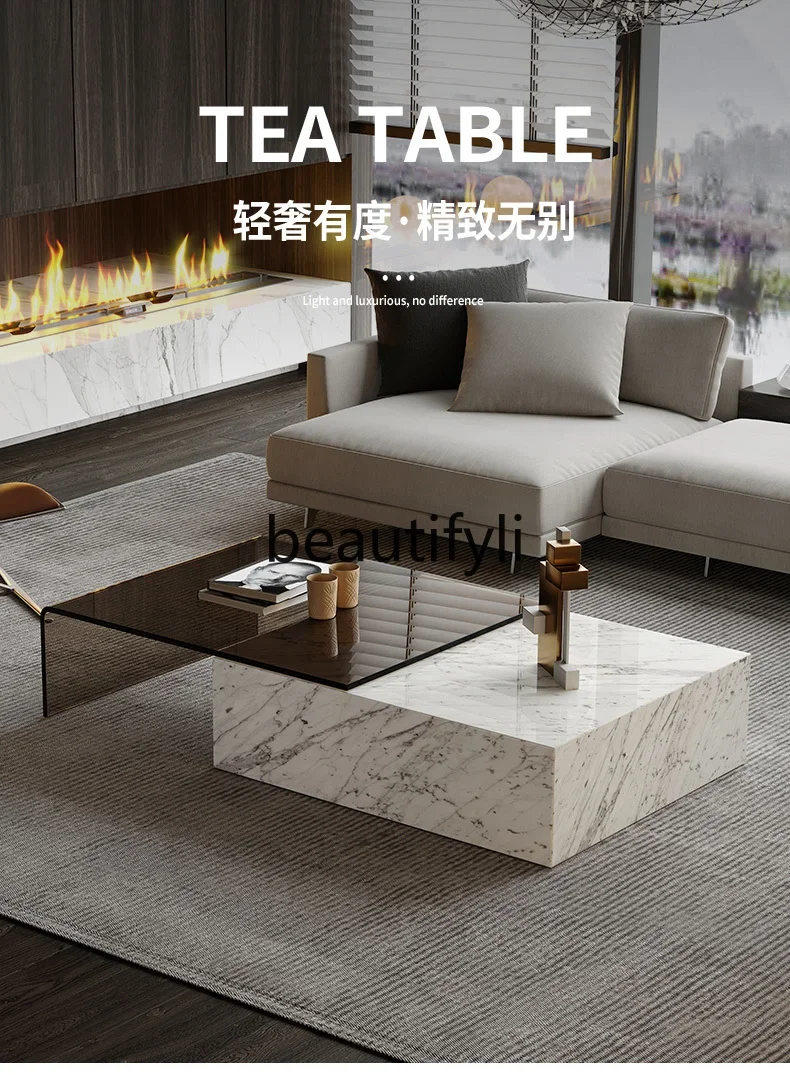 

Marble coffee table tempered glass retractable modern Italian light luxury ancient wood grain natural luxury stone