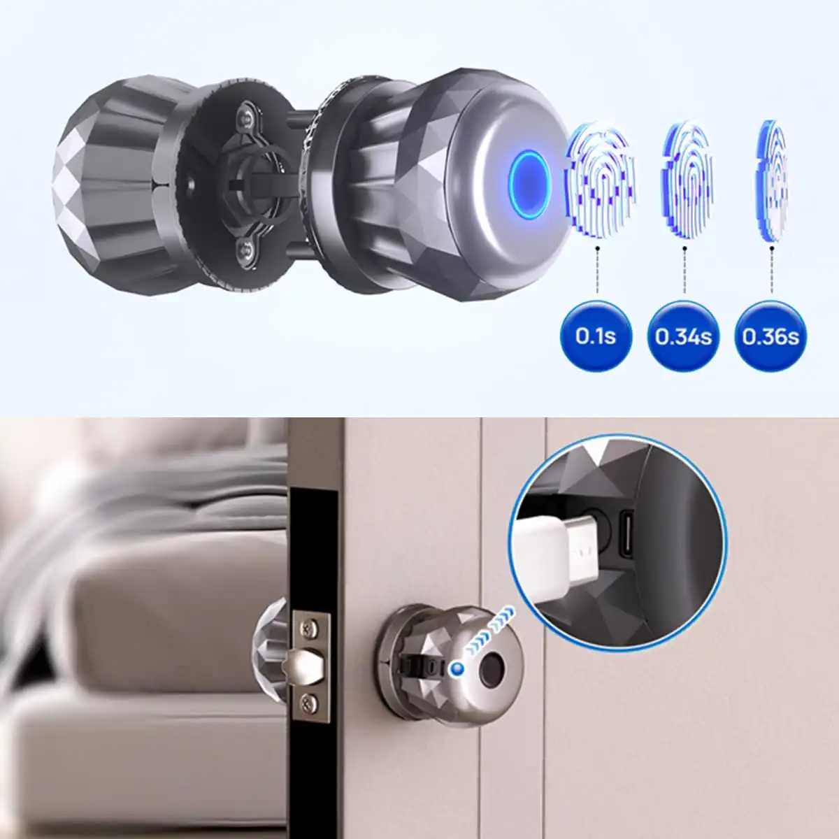 Smart Door Knob 3 in 1 Fingerprint Smart Lock APP Control Keyless Type-C Entry Emergency Charging Biometric Lock for Bedrooms