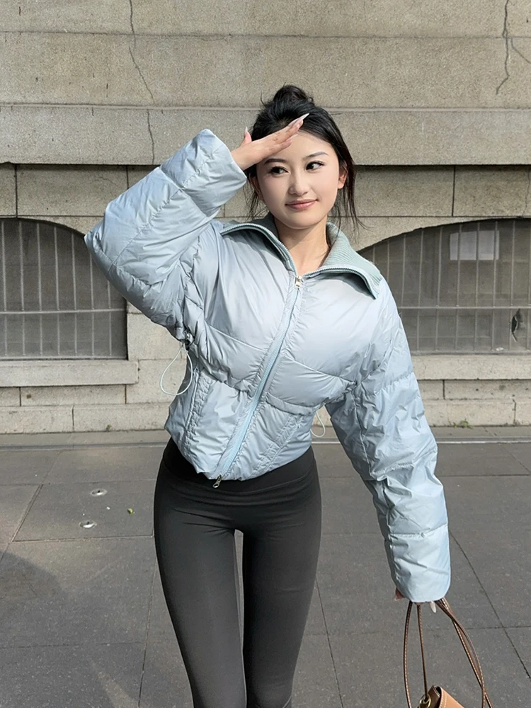 

Зимний пуховик с темно-синим воротником, женский толстый теплый паркер, тонкая верхняя одежда, женские пуховики на двойной молнии на белом утином пуху