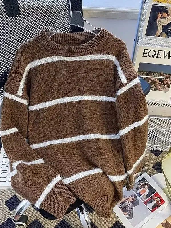 

Мужской вязаный свитер в полоску из Кореи: мягкий, теплый, комфортный, с круглым вырезом, утолщенный, для осени и зимы