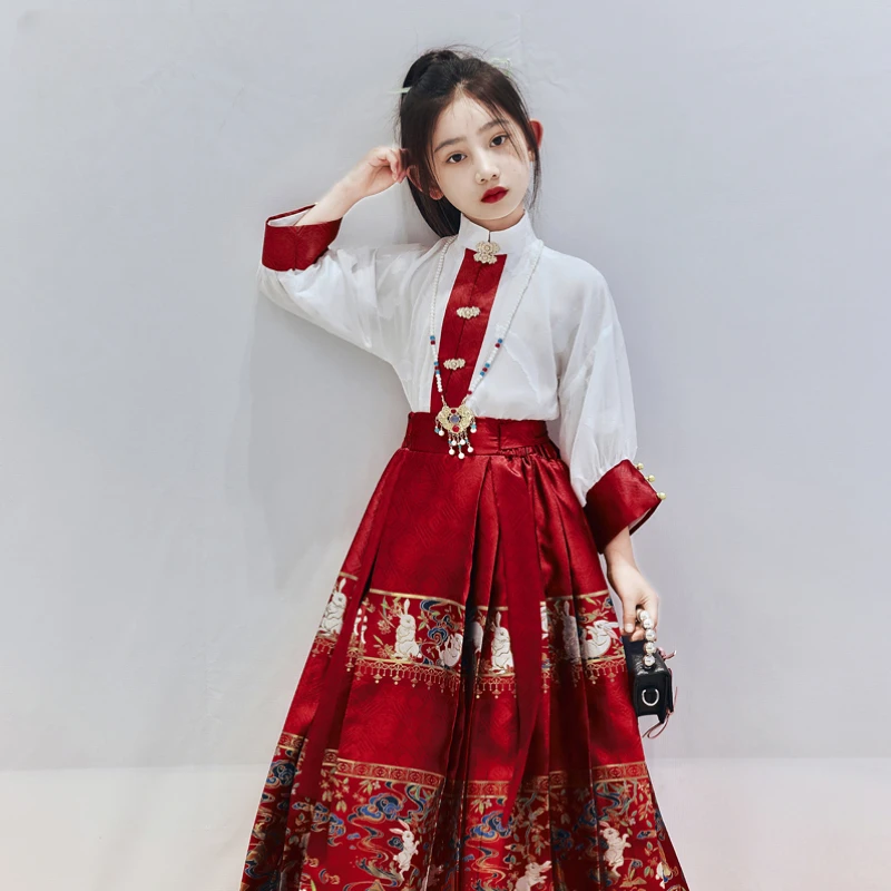 

2024 New Summer Chinese Hanfu for Girls Embroidery Horse-face Skirt for Kids Princess Hanbok Chinese Traditional Dress