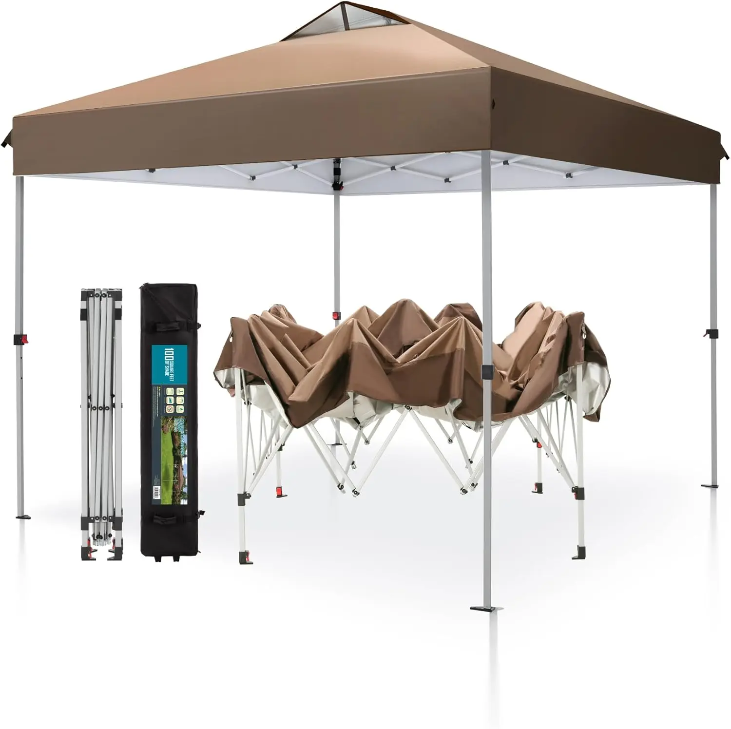 Pop Up Canopy 10 10 Tents For Parties With Wheeled Bag, Portable Lightweight Folding W/Adjustable Height,Dark & Light Brown