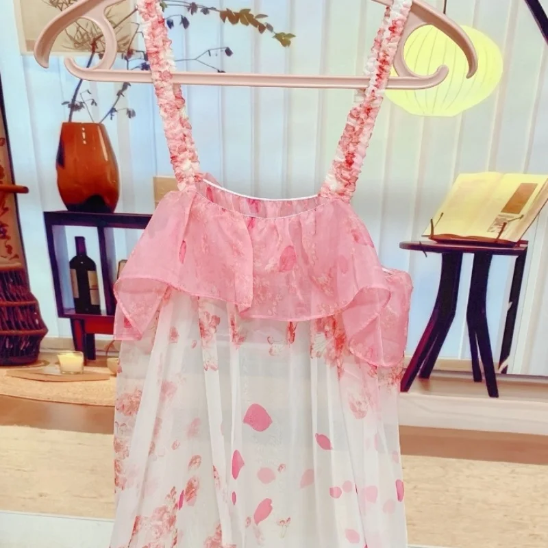 Unisex Suspender Dress Ice Silk Flower Ruffle Silky Smooth Perspective Sleeping Dress Soft Sweet Sissy Private Party Costume