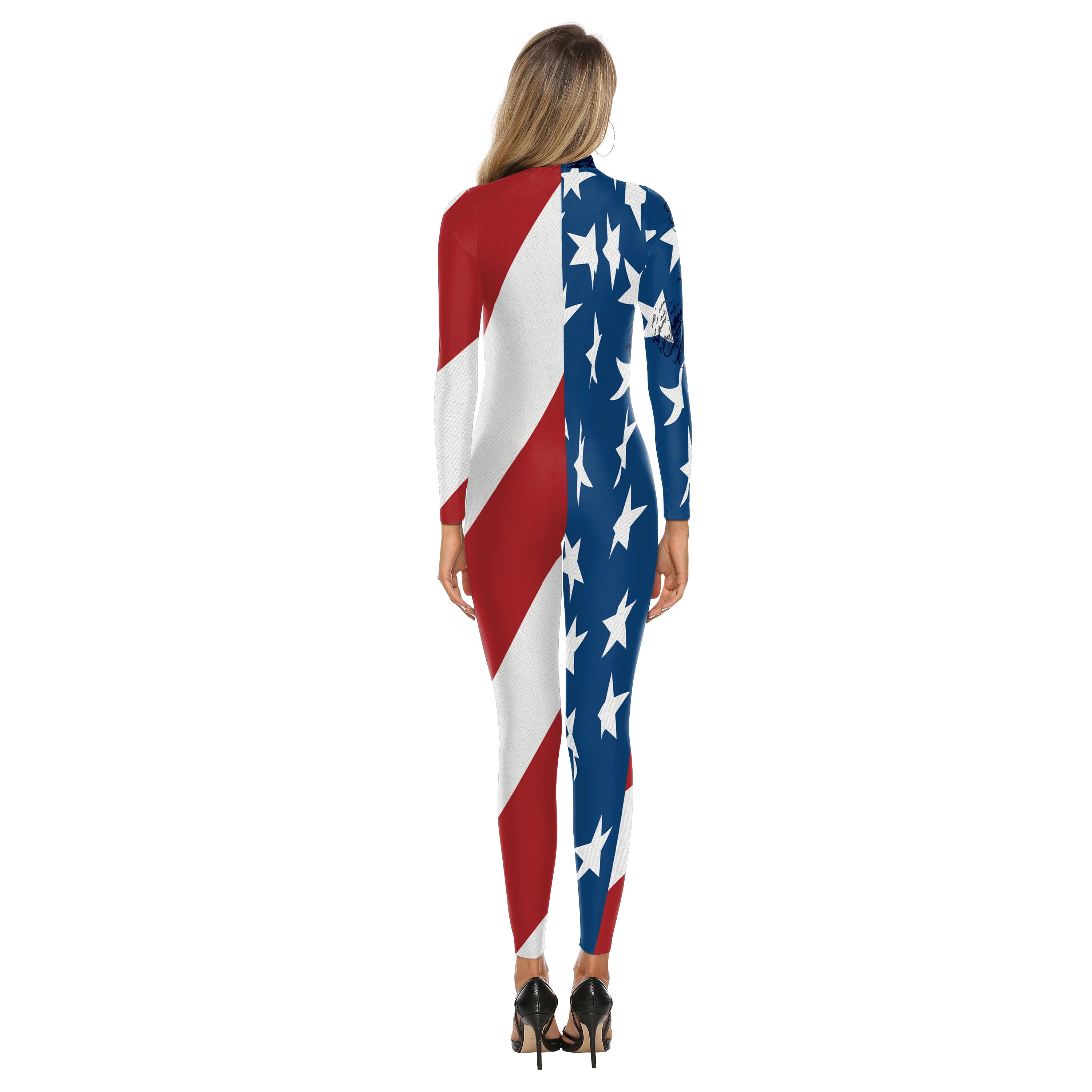 Teanoon Independence Day Costume Women US Flag Printed Bodysuit Sexy Zentai Suit Girls Holiday Clothes Party Jumpsuit