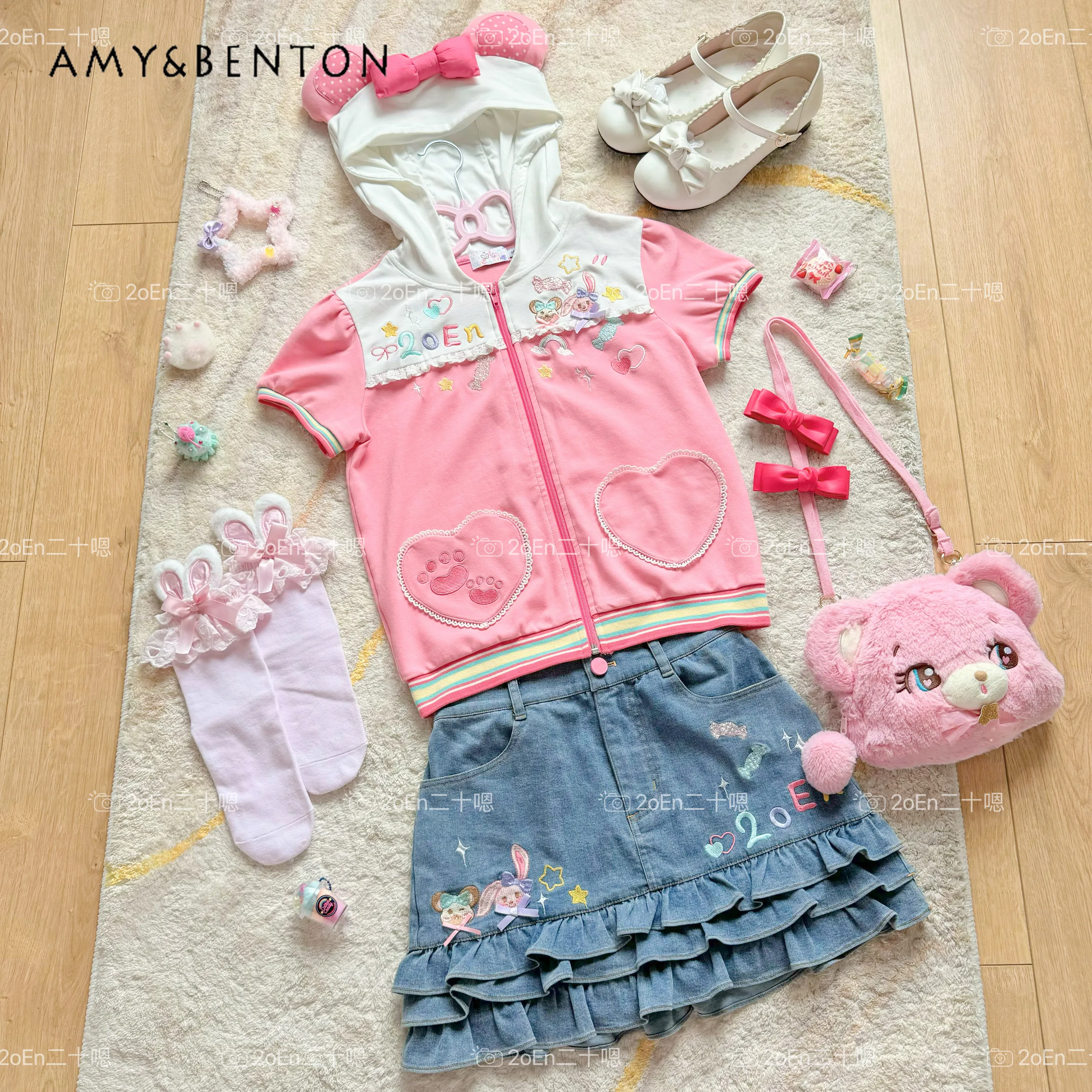 Kawaii Cartoon Embroidered Bow Hooded Short-sleeved Top Multi-layer Mini Skirt Two-piece Set Summer Y2K Dopamine Girl Skirt Sets