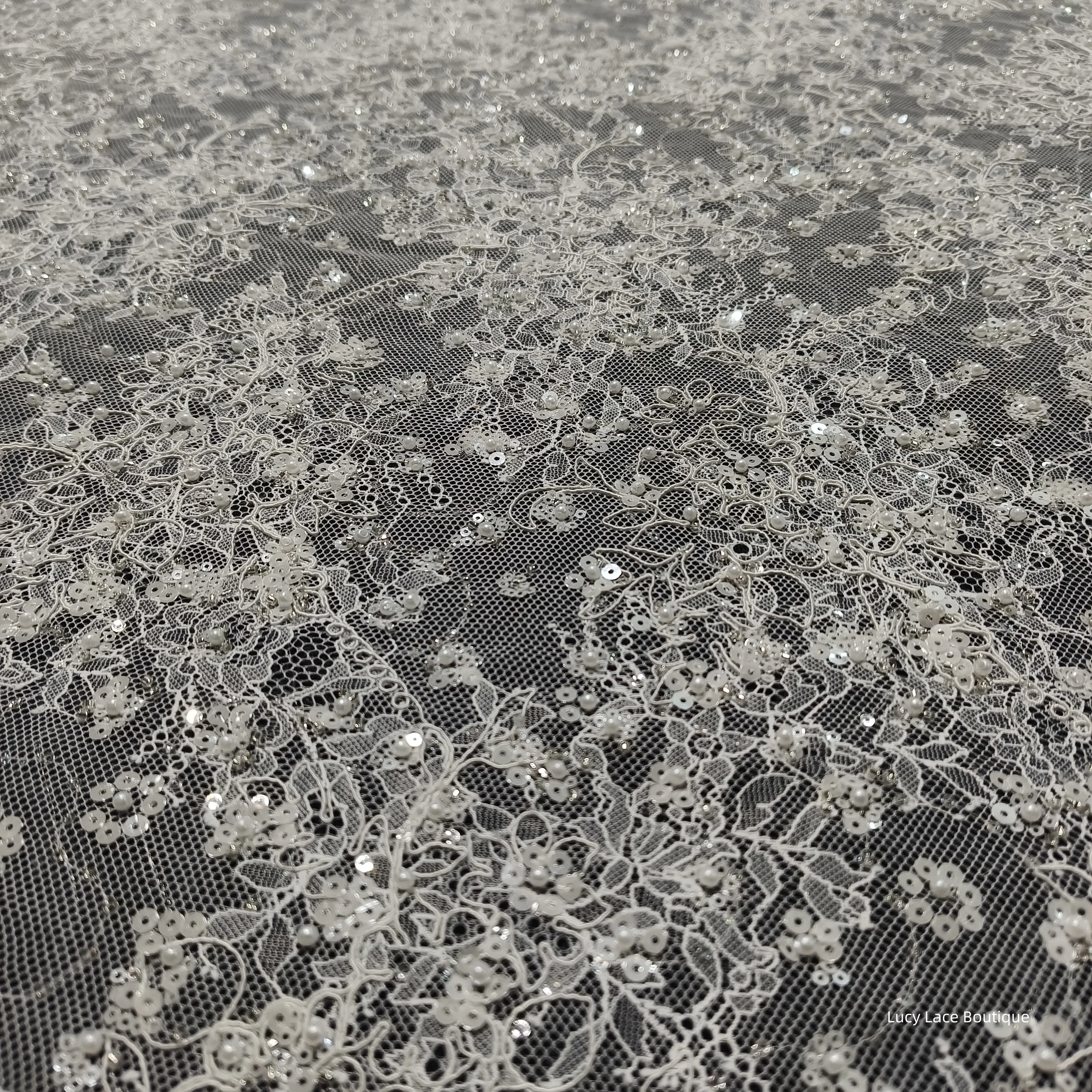 1.45M Wide Off White Colour Beading on Lace Base Great Brightness Shiny Cording Lace Fabric Luxury Wedding Dress Materials 2025