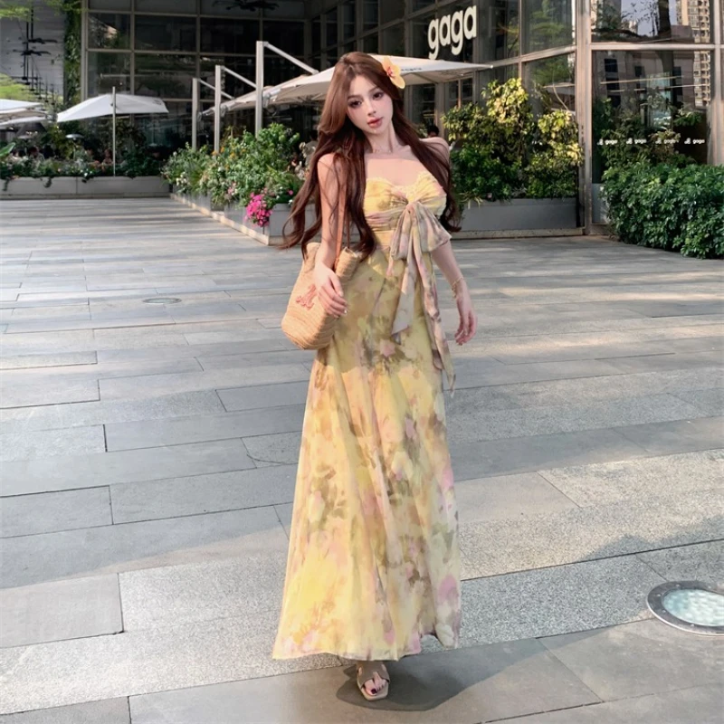 ลูกไม้เย็บปะติดปะต่อชีฟองพิมพ์สายรัดชุดผู้หญิงวันหยุดยาวเบาะตัดออกกลับ A-Line ชุดบริสุทธิ์จีบหน้าอกชุดหวาน