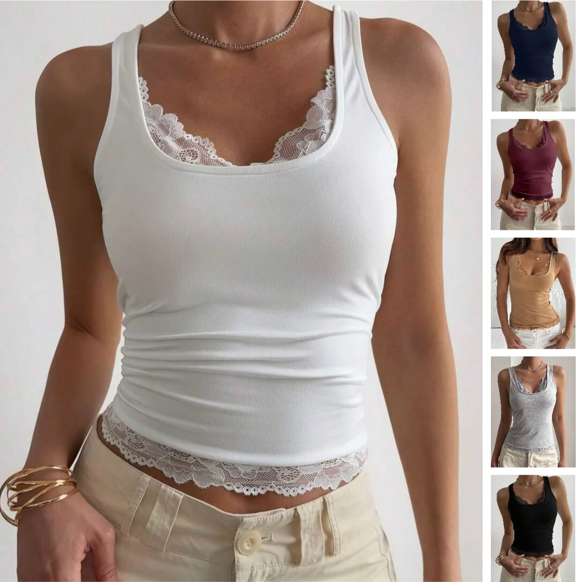 Summer Lace Vest Lace Solid Color Women's Suspender Women Tops Oberteile Dame 레이스나시 Tank Tops