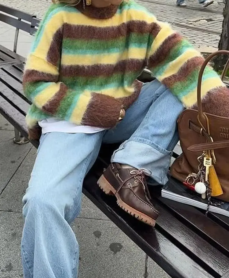 

Новый осенне-зимний повседневный красочный полосатый свободный женский вязаный свитер с длинными рукавами, винтажный женский теплый пуловер, джемпер, топы Y2k