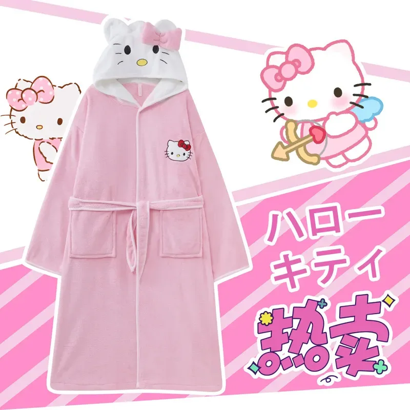 Sanrio Hello Kitty Women Winter Flannel Nightgown New Cute Cartoon Thick Hooded Warm Home Suit Set Korean Style Sweet Night-robe