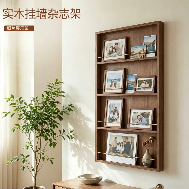 Wall shelf Solid wood wall hanging Photo magazine display rack Children's picture book storage rack Household bedroom bookshelf