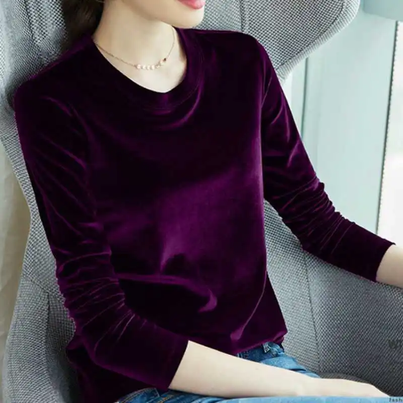 Spring Long Sleeve Loose Early Autumn T-shirt Women Gold Velvet Short Paragraph Bottoming Shirt New Fashion Top