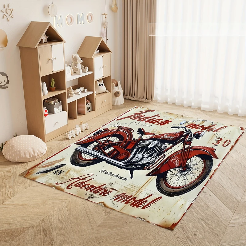 Hot Sale Retro Indian Motorcycle Pattern Rug Anti Slip Decor Carpet for Entryway Living Room Biker Themed Home Mat