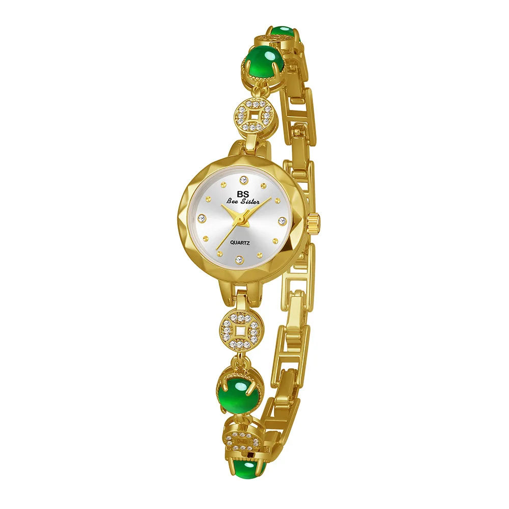 High-end Luxury Woman Watch Elegant Crystal Small Dial Quartz Watches Green Jade Gold Bracelet Ladies Wristwatch Gift