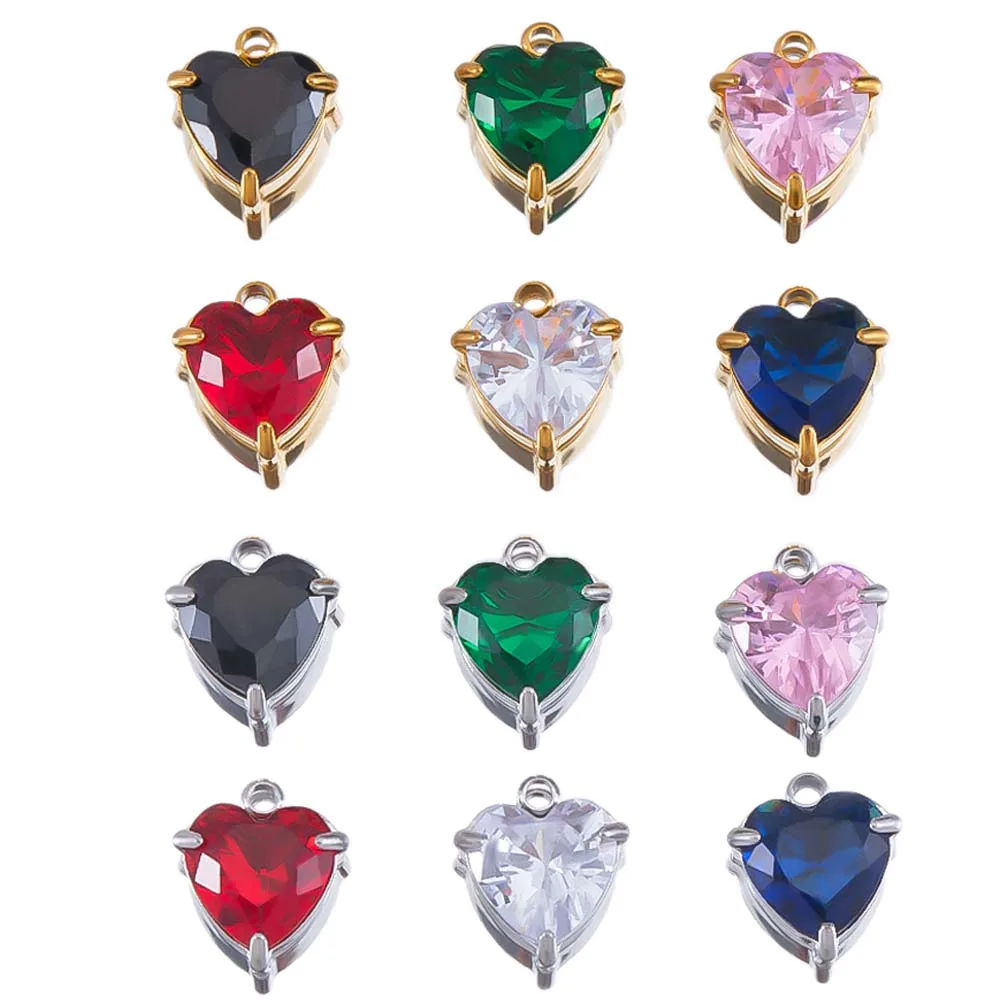 5pcs Stainless Steel Zircon Heart Pendants Base Clear Crystal Charm Beads with Hole for Necklace Making DIY Ear Jewelry Findings