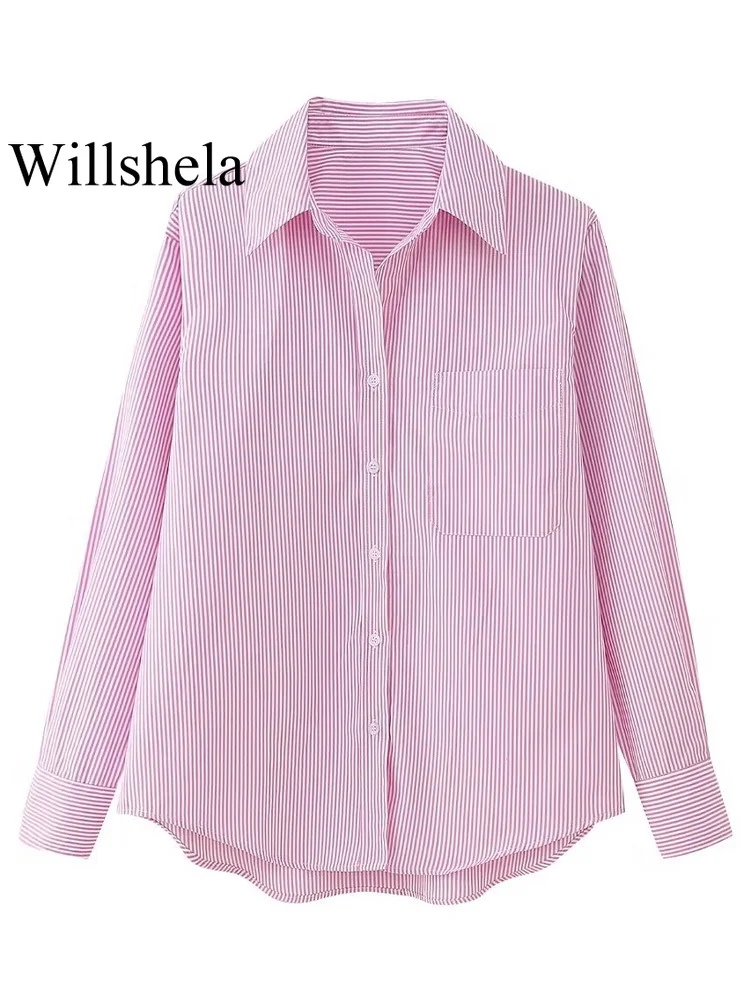 Willshela Women Fashion With Pocket Striped Single Breasted Blouse Vintage Lapel Neck Long Sleeves Female Chic Lady Shirts