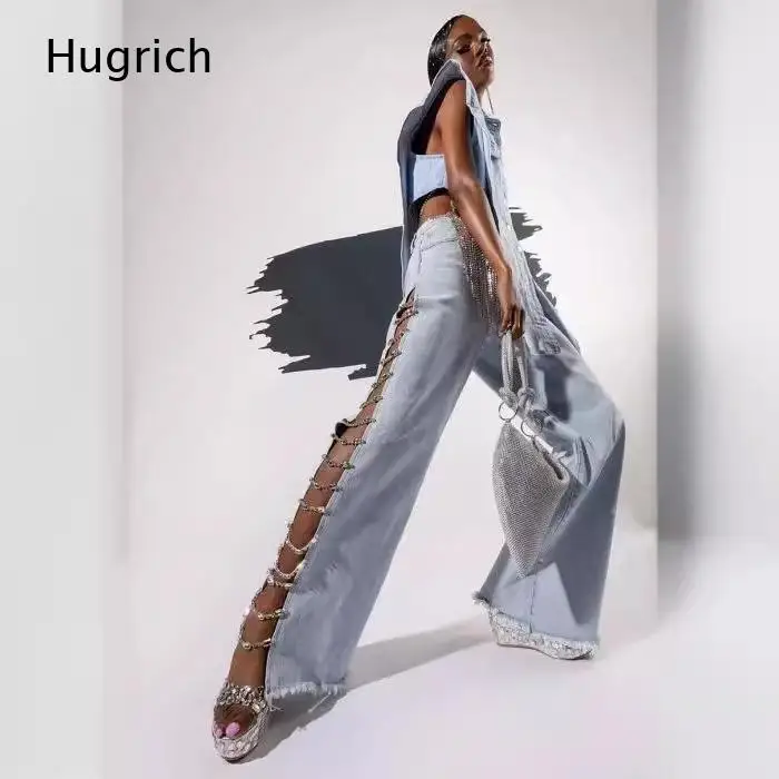 Women's 2 Piece Denim Set Sleeveless Vest and Lace Up Wide Leg Jeans with Fringe Detail, Y2K Streetwear High Waist Pants