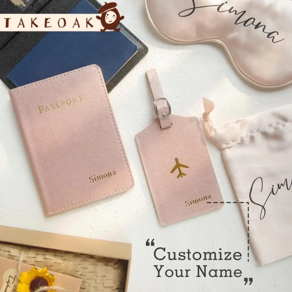 Personalized Custom Name 4Pcs Travel Set Passport Holder + Luggage Tag + Sleep Eye Mask + Storage Bag Bridesmaid Wedding Gift