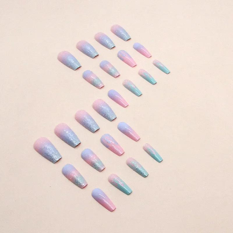 24Pc/set Girl Pink Blue Gradient Long Ballet Fake Nails Acrylic Press on Nail Tips Removable Artificial Wearing False Nails Art