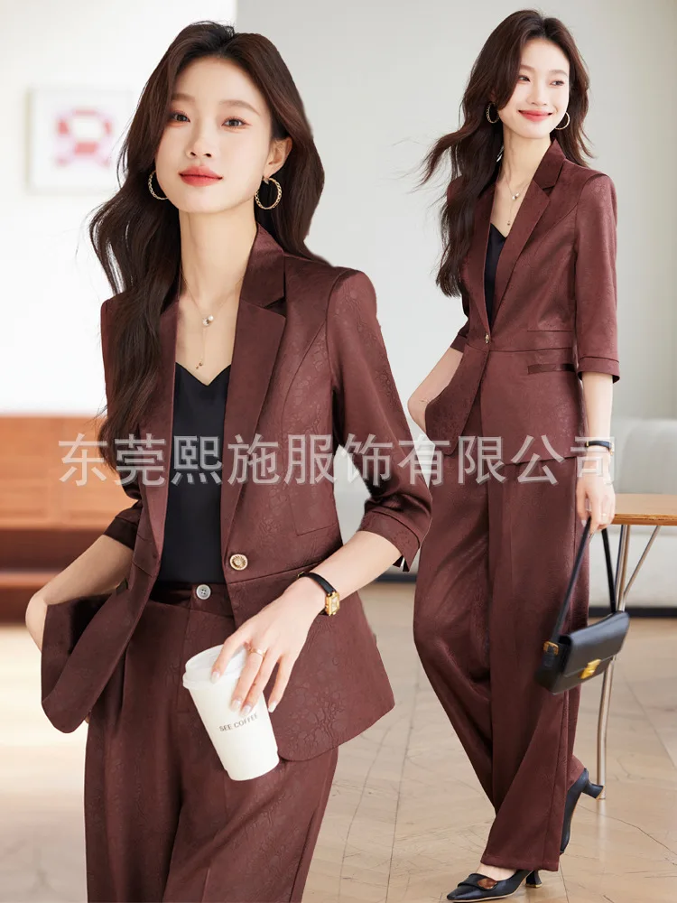 

Burgundy acetate satin blazer for women, summer high-end elegant business attire with wide-leg pants set
