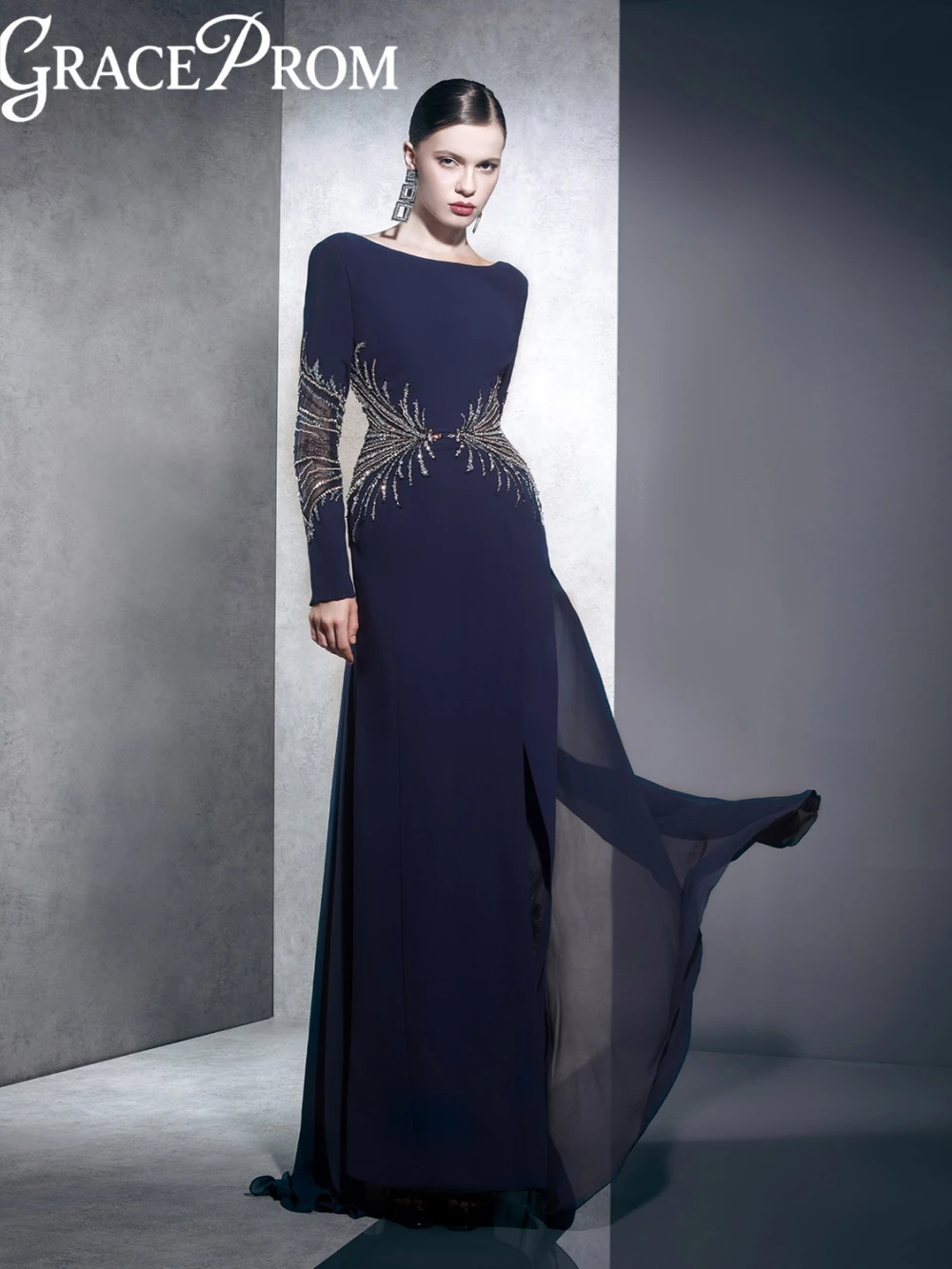 

Blue Beaded Evening Dress Elegant Boat Neck Long Sleeved Mother Of The Bride Dresses For Wedding Customized Floor-length Gown