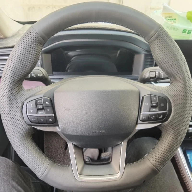

Custom Hand-stitched Black Microfiber Leather Anti-slip Steering Wheel Cover For Ford Explorer 2020-2023 Car Accessories