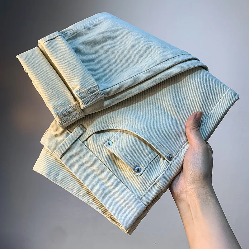 Summer thin jeans men's beige casual small straight leg simple and versatile high-end denim men's pants