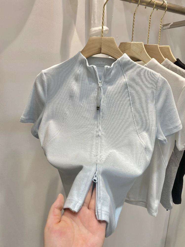T-shirt ort Sve slim fit con doppia cerniera coreana Sle Commute Top da donna in poliestere di colore puro estivo nuovo arrivo