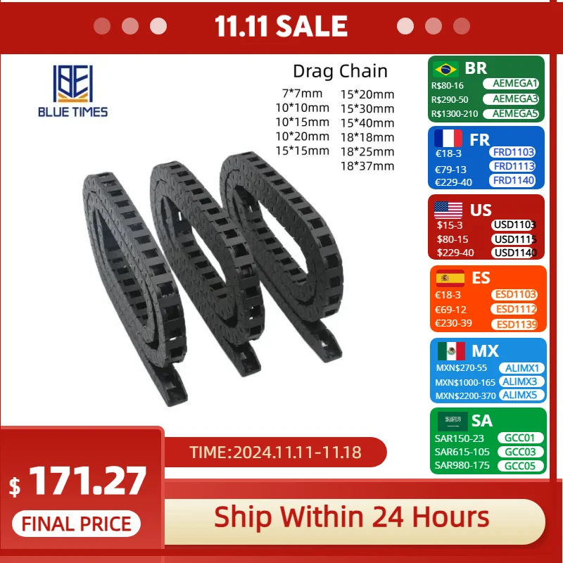 Bluetimes 100cm Plastic Cable Chains Semi-Enclosed Drag Chain Wire Carrier With End Connectors For CNC Router Machine Tool Parts