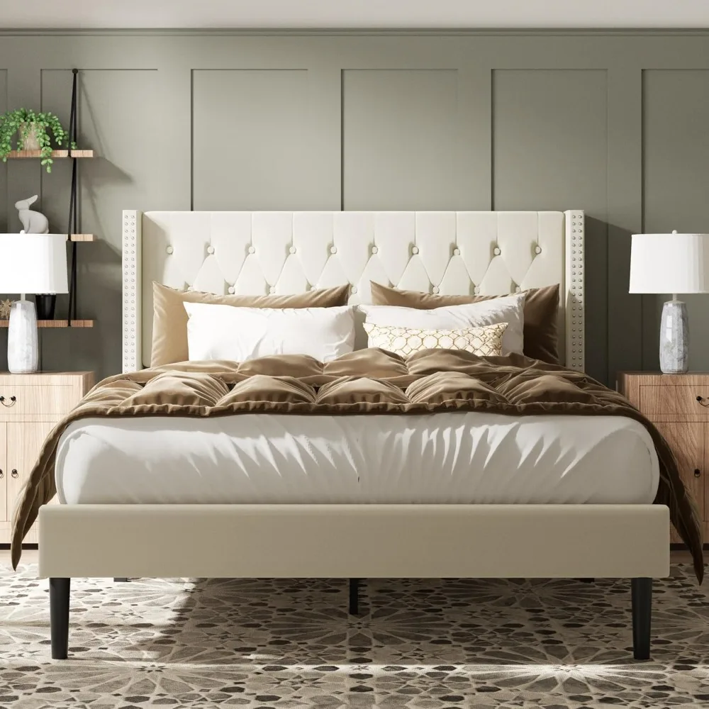 

Queen Size Bed Frame, Upholstered Platform Bed with Wingback Headboard, Velvet Button Tufted, Easy Assembly No Box Spring Needed