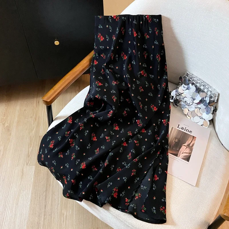 

Summer Elegant Flower Printed Chiffon Long Skirt Women Spring Autumn Fashion OL Split Work Skirt 2025 New