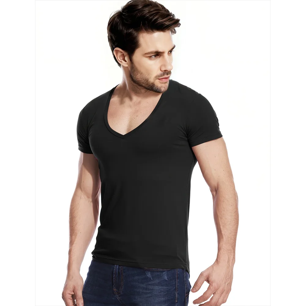 Deep V Neck T Shirt for Men Low Cut Vneck Wide Vee Tee Male Tshirt Slim Fit Short Sleeve Invisible Undershirt Model Scoop Hem