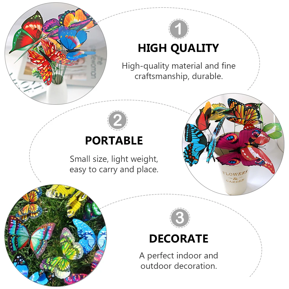 

50pcs Stakes Butterfly Garden Decor Flowerpot Stakes 3D Plastic Adornment Garden Ornament Artificial Rod For Yard Courtyard