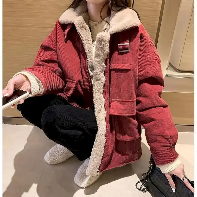 2024 New Winter Coat Women Korean Loose Wild Zipper Corduroy Lamb Wool Jacket Thicken Warm Tooling Cotton Jackets Womens Parkas