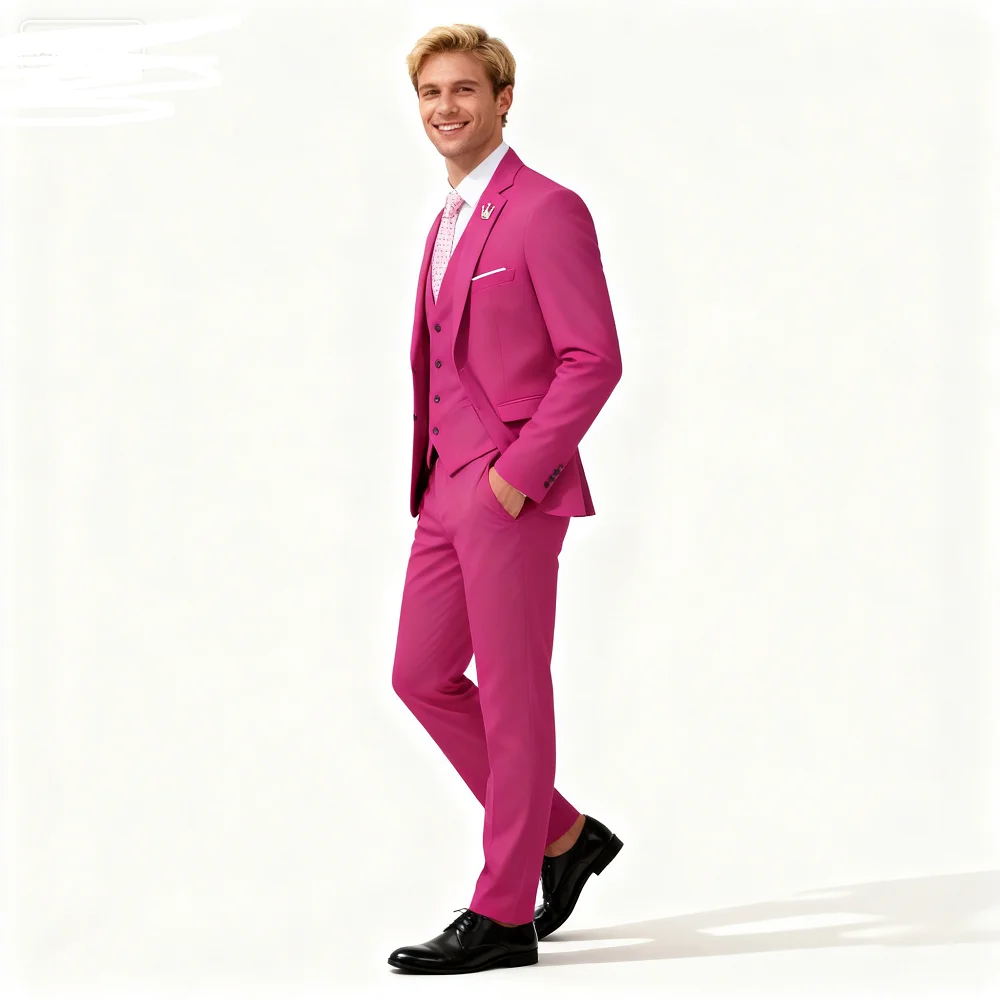 

Men's Rose Red Three-piece Business Casual Wedding Suit High-Quality Handsome European American Style for Business Party